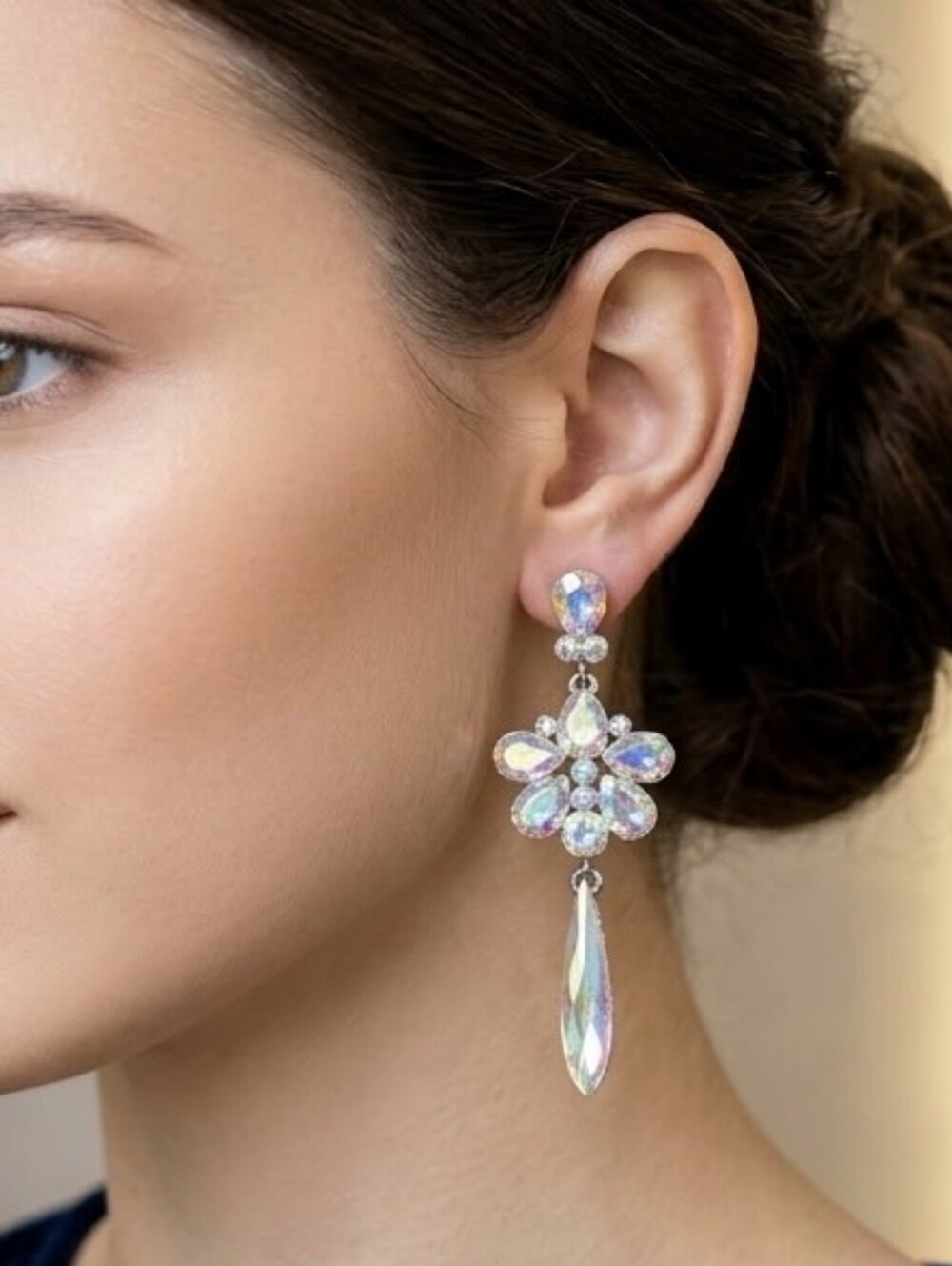 J Prince Collection Iridescent Crystal Flower Drop Earrings - Aurora White NWT